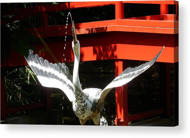A Water Fountain In The Form Of A Japanese Crane Acrylic Print featuring the photograph The Crane Fountain by Tim Ernst
