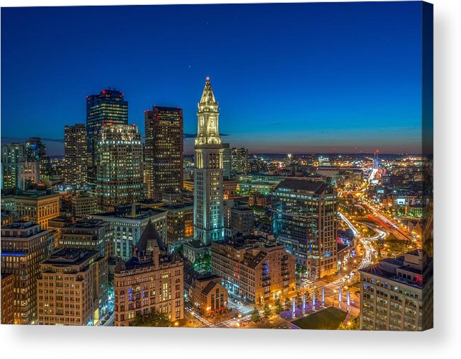 Boston Acrylic Print featuring the photograph The Customs House Rose Kennedy Greenway and The Zakim bridge by Bryan Xavier