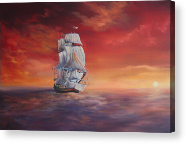 H.m.s Endeavour Acrylic Print featuring the painting The Endeavour on Calm Seas by Jean Walker