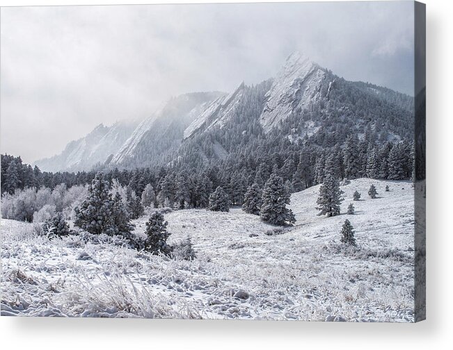 Boulder Acrylic Print featuring the photograph The Flatirons - Winter by Aaron Spong