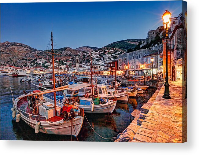 Aegean Acrylic Print featuring the photograph The harbor of Hydra by night - Greece by Constantinos Iliopoulos