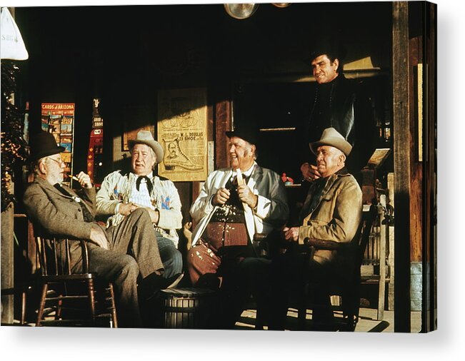 The Over The Hill Gang Johnny Cash Old Tucson Az Western Wear Smoking Whittling Country Store  Porch Edgar Buchanan Chill Wills Andy Devine Walter Brennan  Acrylic Print featuring the photograph The Over the Hill Gang Johnny Cash porch Old Tucson Arizona 1971 by David Lee Guss