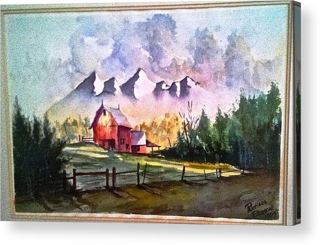 Barn And Sky Acrylic Print featuring the painting The Red Barn Angry Sky SOLD by Richard Benson