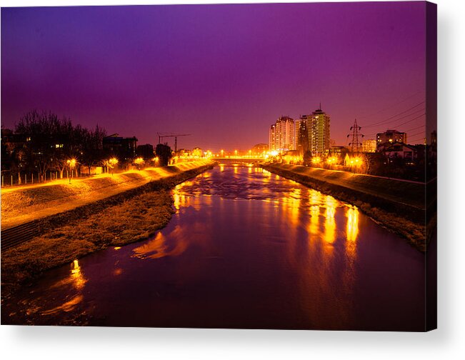 Vardar Acrylic Print featuring the photograph The Vardar river in Skopje at night. by Slavica Roche