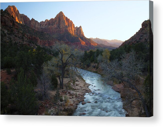 Zion National Park Utah The Watchman Acrylic Print featuring the photograph The Watchman Sunset by Nancy Dunivin