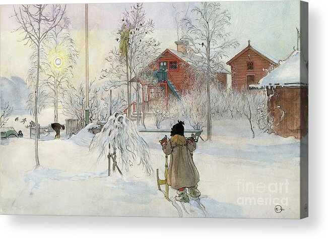 Wash House; Snow; Winter; Sledge; Playing; Garden; House; Child; Children; Scandinavian Vernacular Architecture; Swedish Acrylic Print featuring the painting The Yard and Wash House by Carl Larsson
