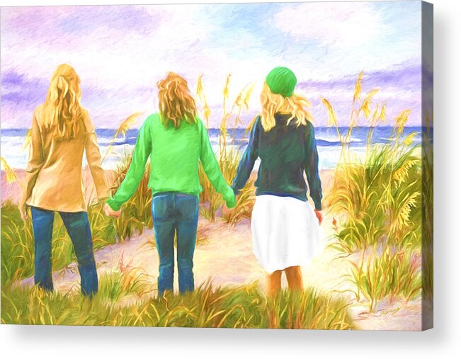 Girls Acrylic Print featuring the painting Three Girls At The Beach by David Wagner