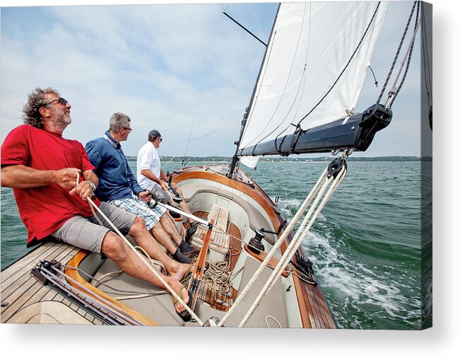 Travel Acrylic Print featuring the photograph Three Men Sailing On Sailboat, Arcachon by Christophe Launay