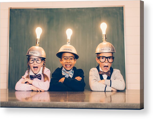 Unfashionable Acrylic Print featuring the photograph Three Young Nerds with Thinking Caps by RichVintage