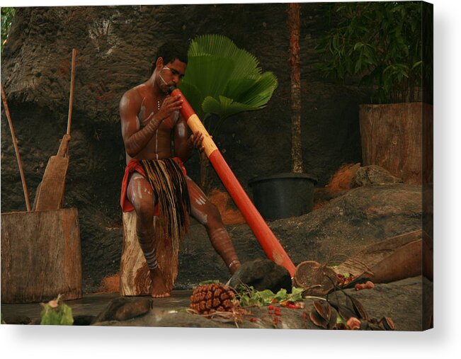 Tjapukai Aboriginal Cultural Park Acrylic Print featuring the photograph Tjapukai Playing the Didgeridoo by Cecelia Helwig
