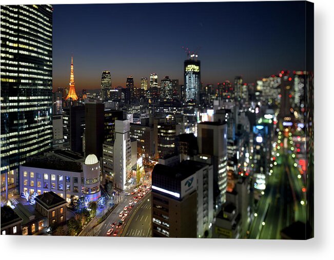 Tokyo Tower Acrylic Print featuring the photograph Tokyo Downtown Cityscape At Dusk by Vladimir Zakharov
