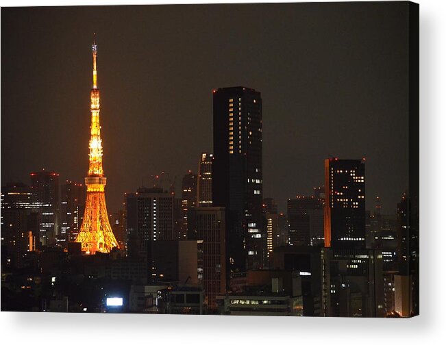 Cityscape Acrylic Print featuring the photograph Tokyo Tower at Night with Tokyo Skyline by Jeff at JSJ Photography