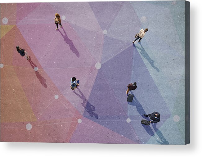 Young Men Acrylic Print featuring the photograph Top view of people walking in different directions of pattern, painted on asphalt by Klaus Vedfelt