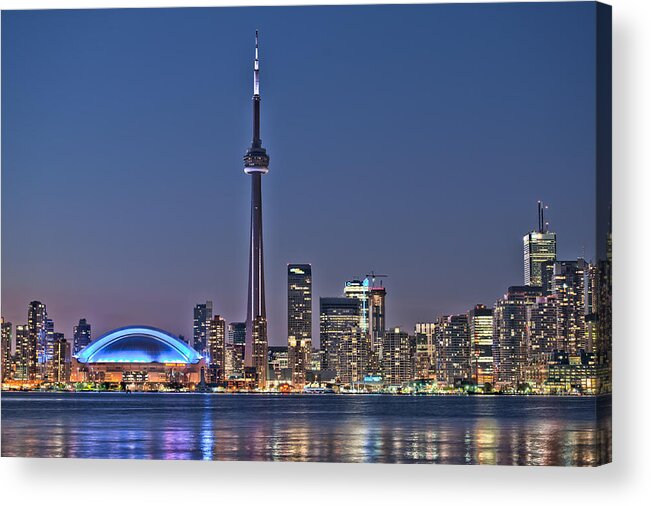 Fluorescent Acrylic Print featuring the photograph Toronto night skyline CN Tower downtown skyscrapers sunset Canada by Marek Poplawski