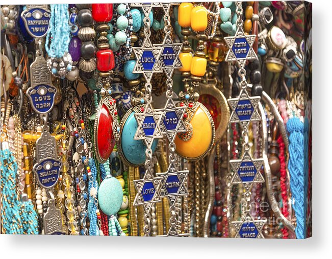 Charms Acrylic Print featuring the photograph Tourist Souvenirs In Jerusalem Israel by JM Travel Photography