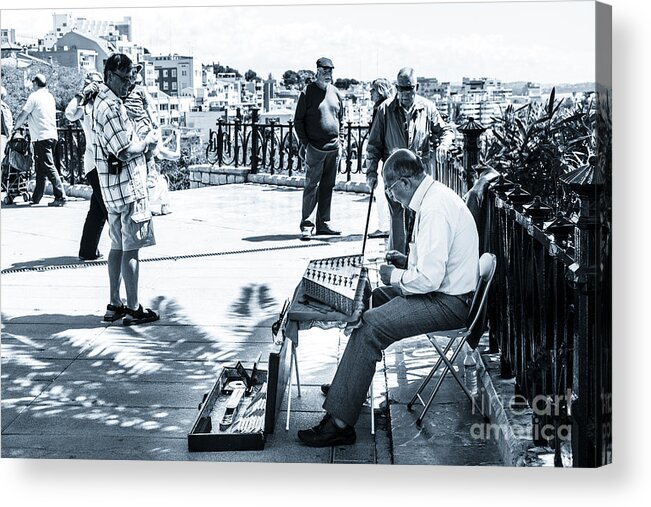 Catalonia Acrylic Print featuring the photograph tourists watching busker playing santoor dulcimer at Tarragona S by Peter Noyce