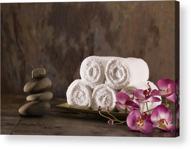 Spa Acrylic Print featuring the photograph Towels, flowers, and stones by Comstock Images