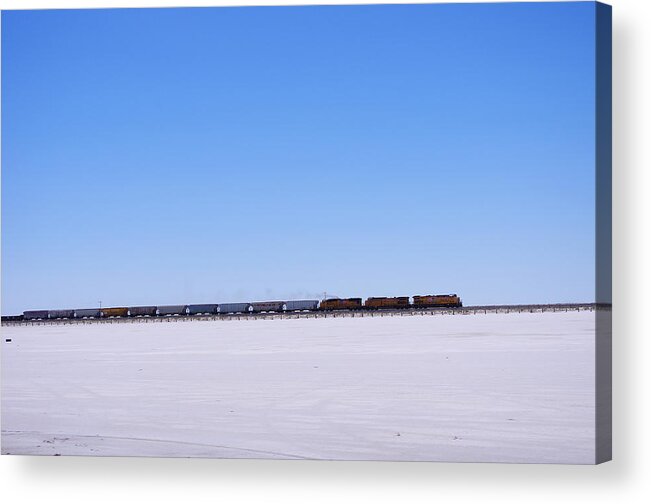 Train Acrylic Print featuring the photograph Train Crossing Bonneville Salt Flat by Mike and Sharon Mathews