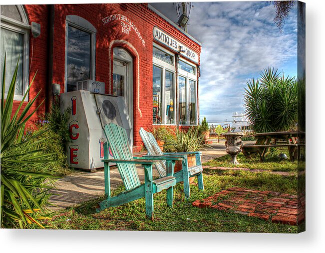 Apalachicola Acrylic Print featuring the photograph Two Chairs Around the Corner from the Old Stuff Shop by Lynn Jordan