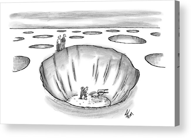 Craters Acrylic Print featuring the drawing Two Men Stand At The Edge Of A Giant Hole by Frank Cotham