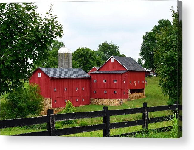 Red Acrylic Print featuring the photograph Two Red Barns by Cathy Shiflett