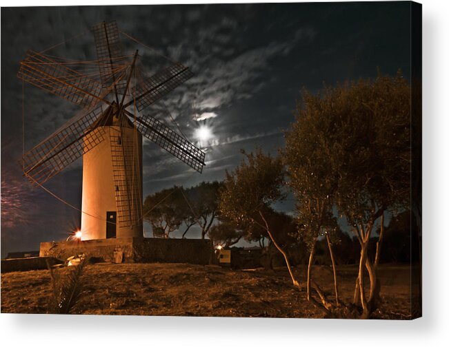 Architecture Acrylic Print featuring the photograph Vintage Windmill in Es Castell Villacarlos George Town in Minorca - Under the moonlight by Pedro Cardona Llambias