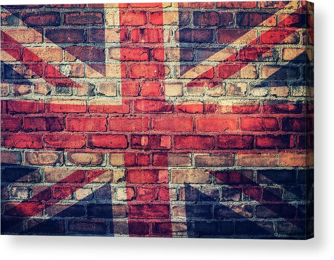 Art Acrylic Print featuring the photograph Union Jack Flag On Brick Wall by Sally Anscombe