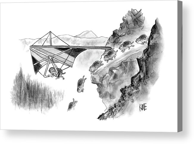 Death Sports Lemmings
(lemming Avoids Death By Hang-gliding Off Of Cliff. ) 120271 Jkn John Kane Acrylic Print featuring the drawing New Yorker January 3rd, 2005 by John Kane