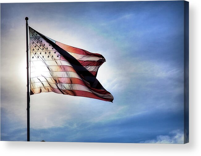 Curve Acrylic Print featuring the photograph Us Flag Fluttering In Backlit Blue Sky by Strickke