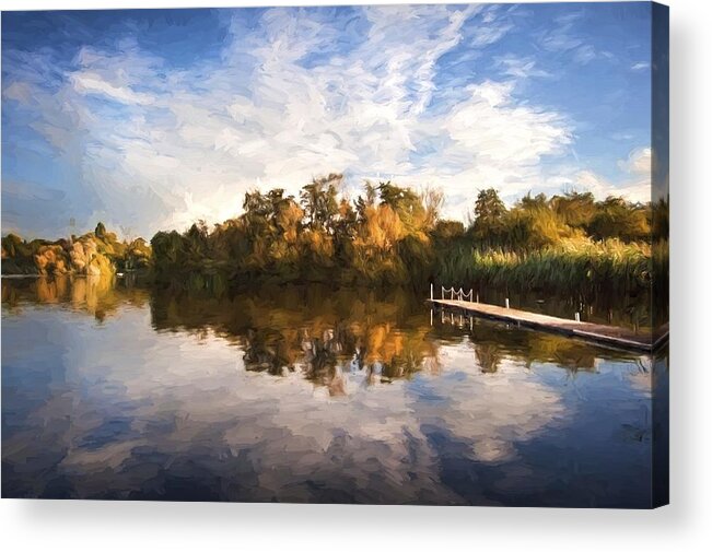 Landscape Acrylic Print featuring the photograph Van Gogh style digital painting Beautiful sunset over Autumn Fall lake with crystal clear reflec by Matthew Gibson