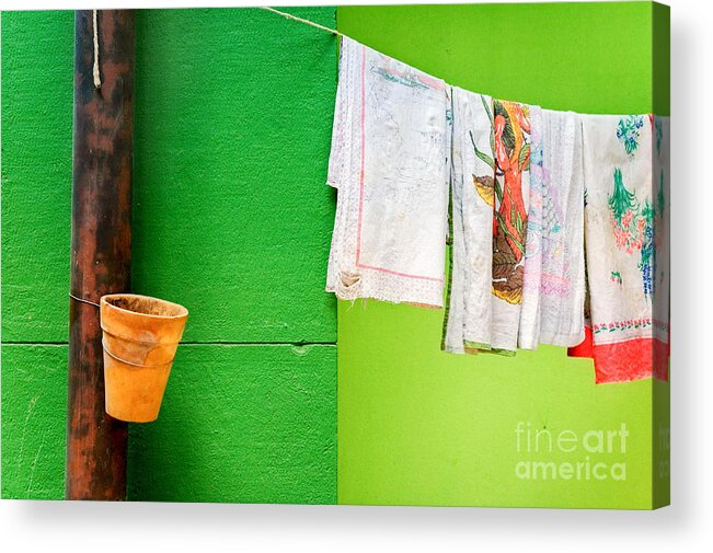 Colors Acrylic Print featuring the photograph Vase towels and green wall by Silvia Ganora