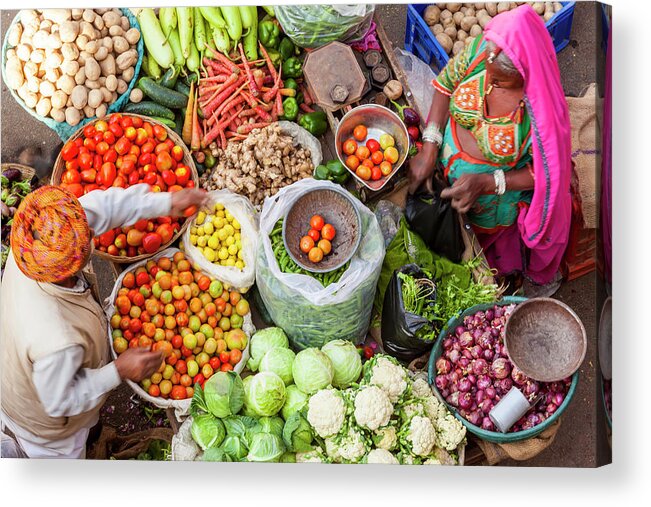 Trading Acrylic Print featuring the photograph Vegetable Stall, Pushkar, Rajasthan by Peter Adams