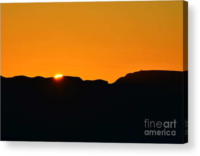 Grand Canyon Acrylic Print featuring the photograph Vibrant Orange Sky Accompanies Sun Rising over Grand Canyon with Distant Watchtower Silhouetted by Shawn O'Brien