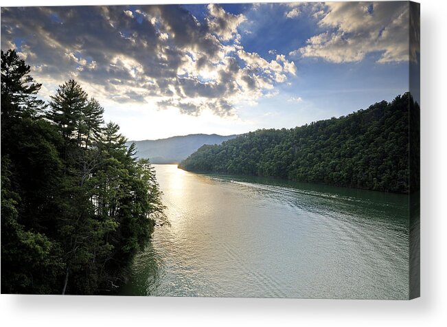 Reservoir Acrylic Print featuring the photograph View of Watauga Reservoir from bridge by Brendan Reals