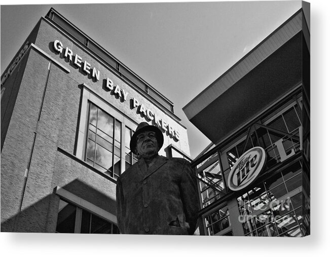Lambeau Field Acrylic Print featuring the photograph Vince at Lambeau Field BW by Tommy Anderson