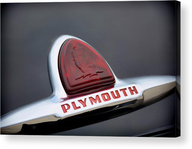 Vintage Car Acrylic Print featuring the photograph Vintage Plymouth Sailing Ships Emblem by Jeanne May