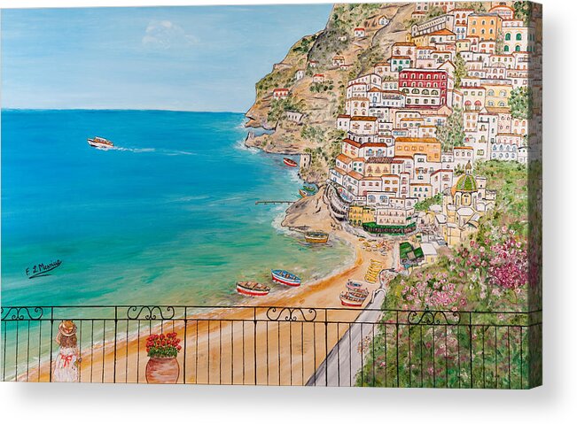 Seascape Acrylic Print featuring the painting Vista su Positano by Loredana Messina