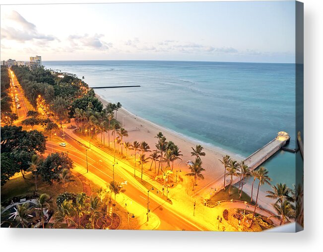 Waikiki Acrylic Print featuring the photograph Waikiki Honolulu beach view early morning sunrise by Marek Poplawski