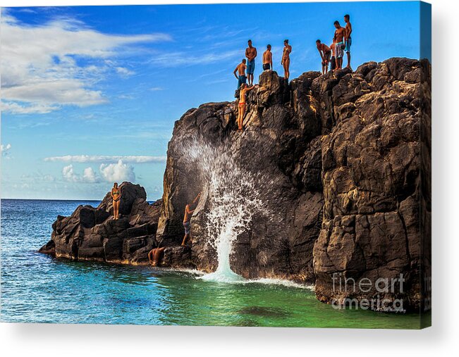 Waimea Bay Acrylic Print featuring the photograph Waimea Bay Rock Jumpers by Aloha Art