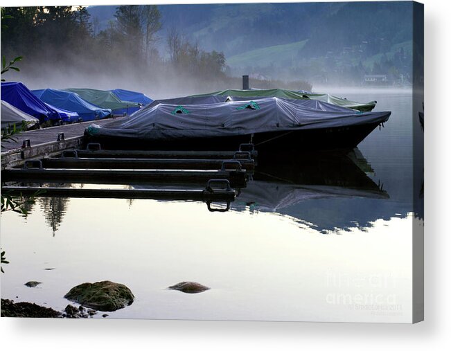 Boats Acrylic Print featuring the photograph Waiting in Morning Fog by Charles Lupica