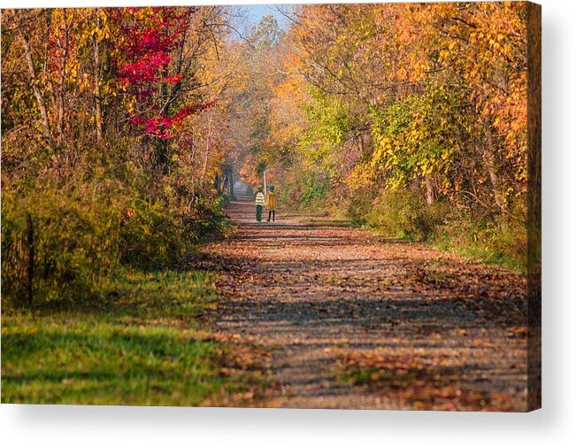 Walking Into Fall. Autumn Colors. Kids Walking. Path. Trees. Fall Leaves. Nature. Wildlife. Grasses. Photography. Print. Canvas. Digital Art. Greeting Card. Poster. Cell Phone Cover. Acrylic Print featuring the photograph Waling into Fall by Mary Timman
