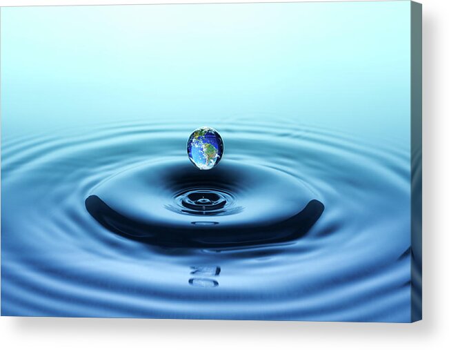 Water Surface Acrylic Print featuring the photograph Water Drop With Reflection Of The Globe by Trout55