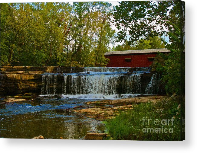 Water Acrylic Print featuring the photograph Water Fall and Covered Bridge by Mike Flake
