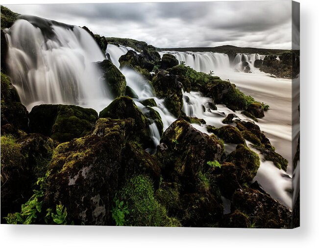 Toughness Acrylic Print featuring the photograph Waterfall Pouring Over Rock Formations by Pixelchrome Inc