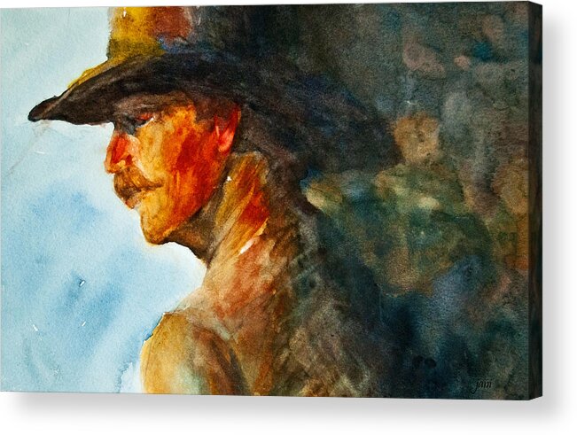 Cowboy Art Acrylic Print featuring the painting Weathered Cowboy by Jani Freimann