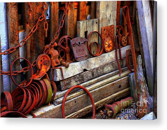 Marcia Lee Jones Acrylic Print featuring the photograph Weathered Rims And Chainss by Marcia Lee Jones