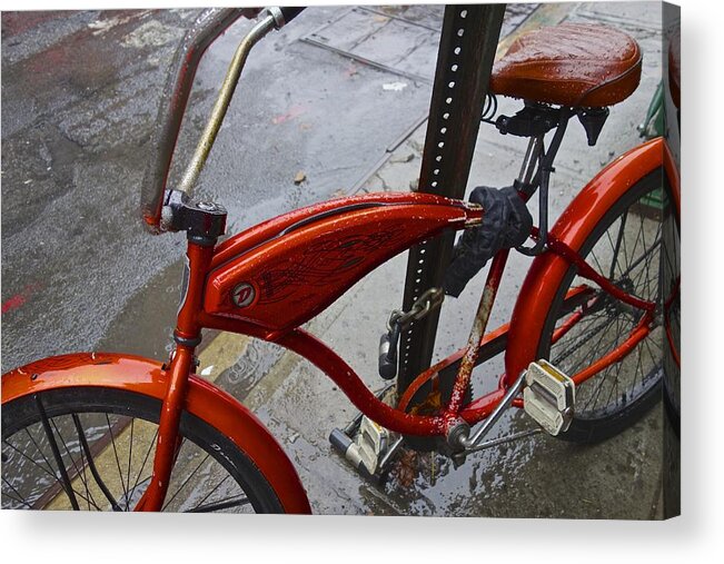 Orange Acrylic Print featuring the photograph Wet Orange Bike  NYC by Joan Reese