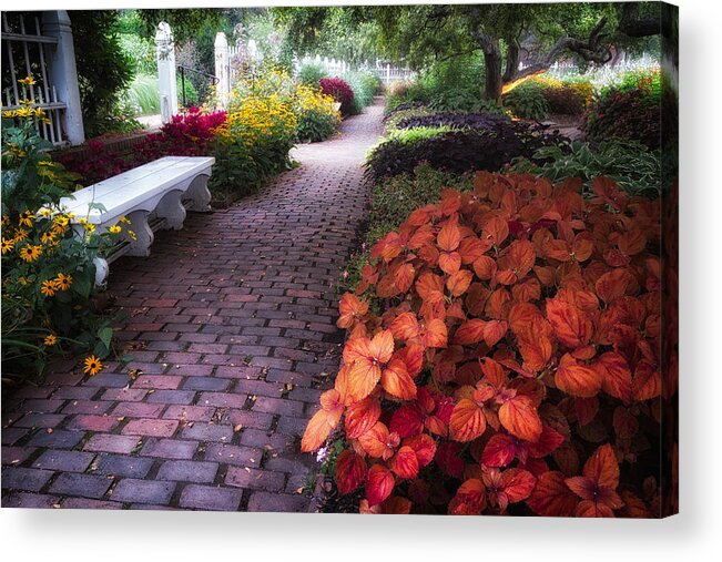 Garden Acrylic Print featuring the photograph White Bench Prescott Park by Jeff Sinon