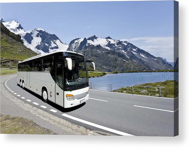 Land Vehicle Acrylic Print featuring the photograph White bus crossing the alpes by Grafissimo