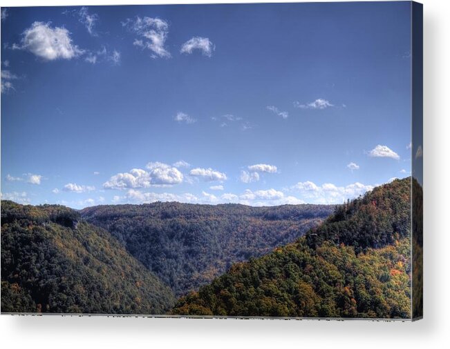 River Acrylic Print featuring the photograph Wide shot of tree covered hills by Jonny D